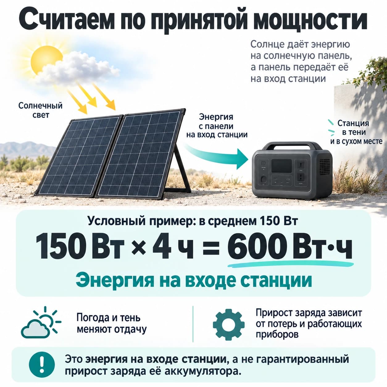 Расчёт солнечной подзарядки: 150 Вт × 4 часа = 600 Вт·ч на входе, а не гарантированный прирост батареи.