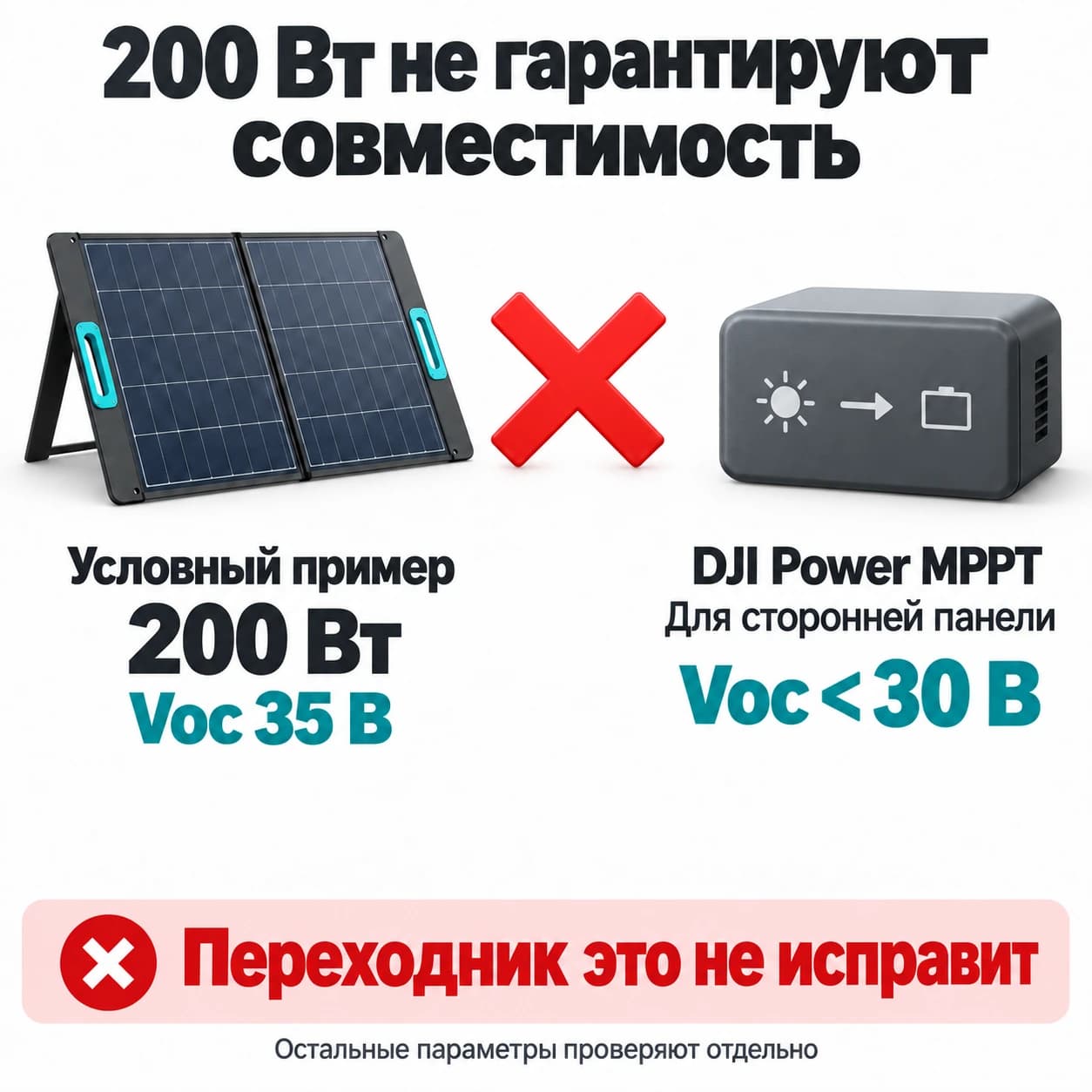 Мощность панели не подтверждает совместимость: в примере Voc 35 В превышает допустимый предел DJI MPPT.