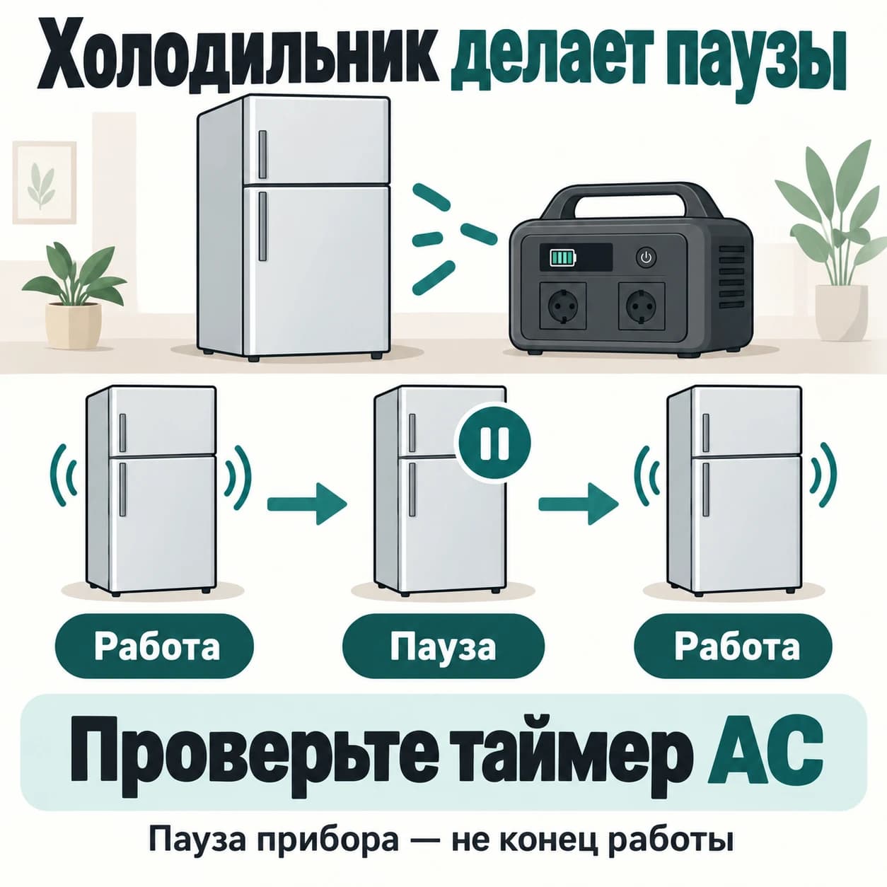 Холодильник чередует работу и паузу: проверьте таймер розеток станции