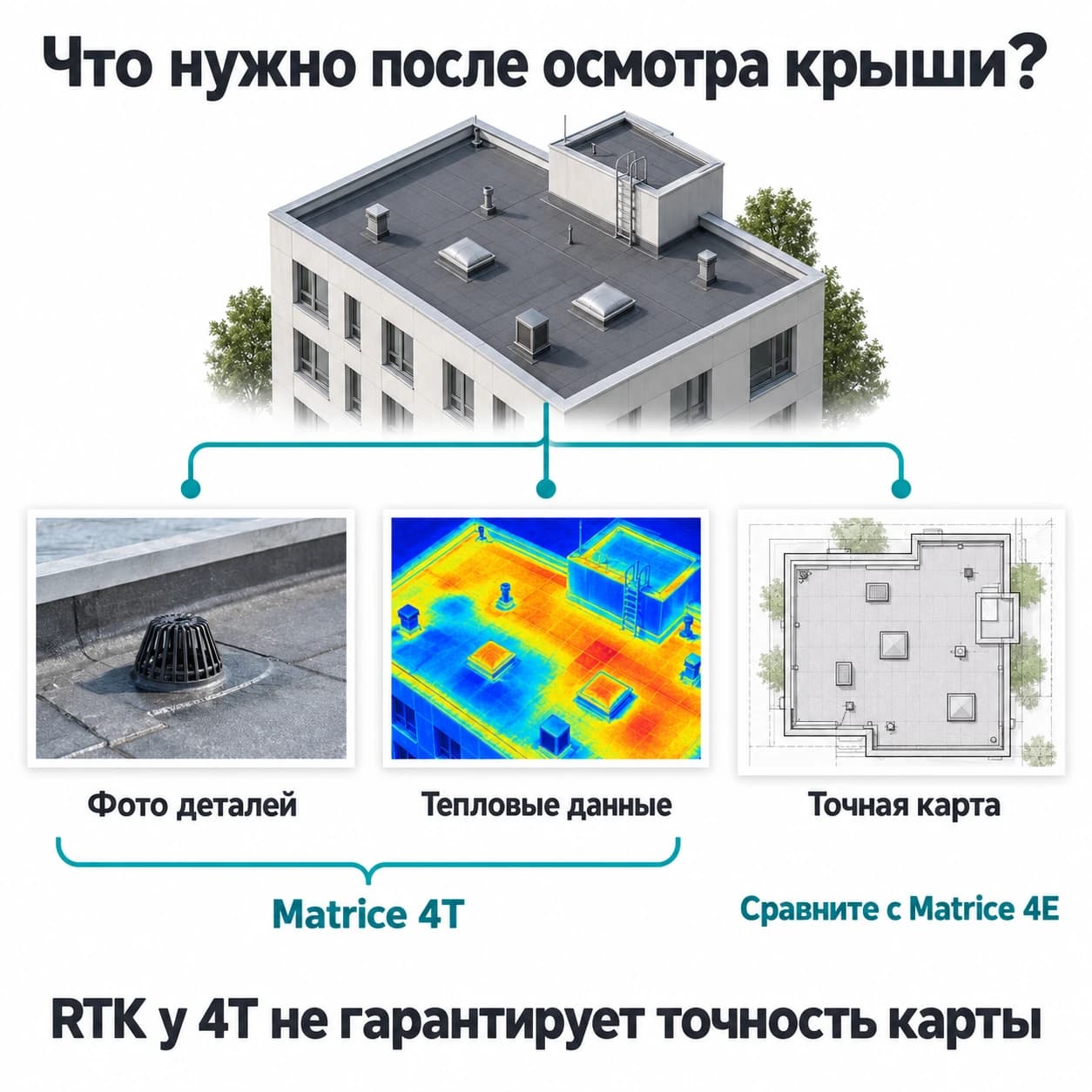 Три результата обследования крыши: фото деталей, тепловые данные и точная карта; для карты отдельно рассматривается Matrice 4E.