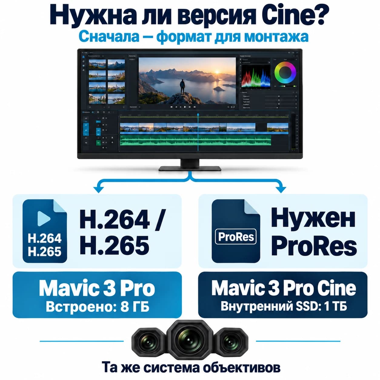 Выбор Mavic 3 Pro или Cine по формату для монтажа: H.264/H.265 либо требование ProRes; встроенная память 8 ГБ и SSD 1 ТБ