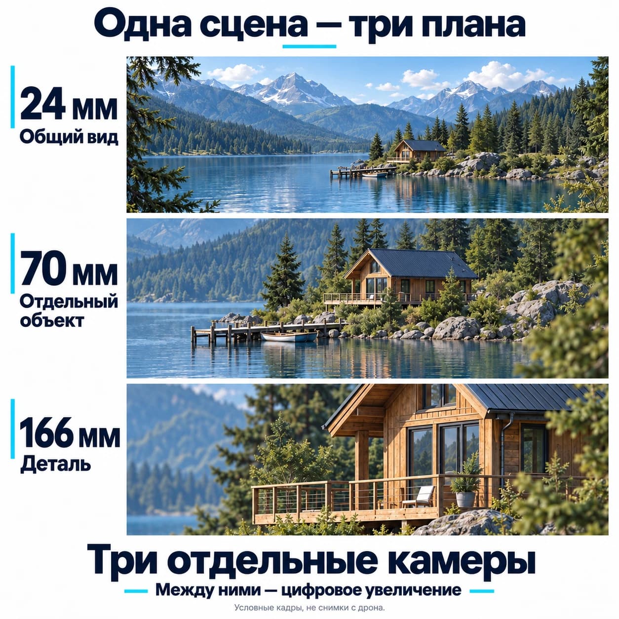 Общий вид озера, дом и деталь фасада показывают три варианта кадрирования для камер 24, 70 и 166 мм