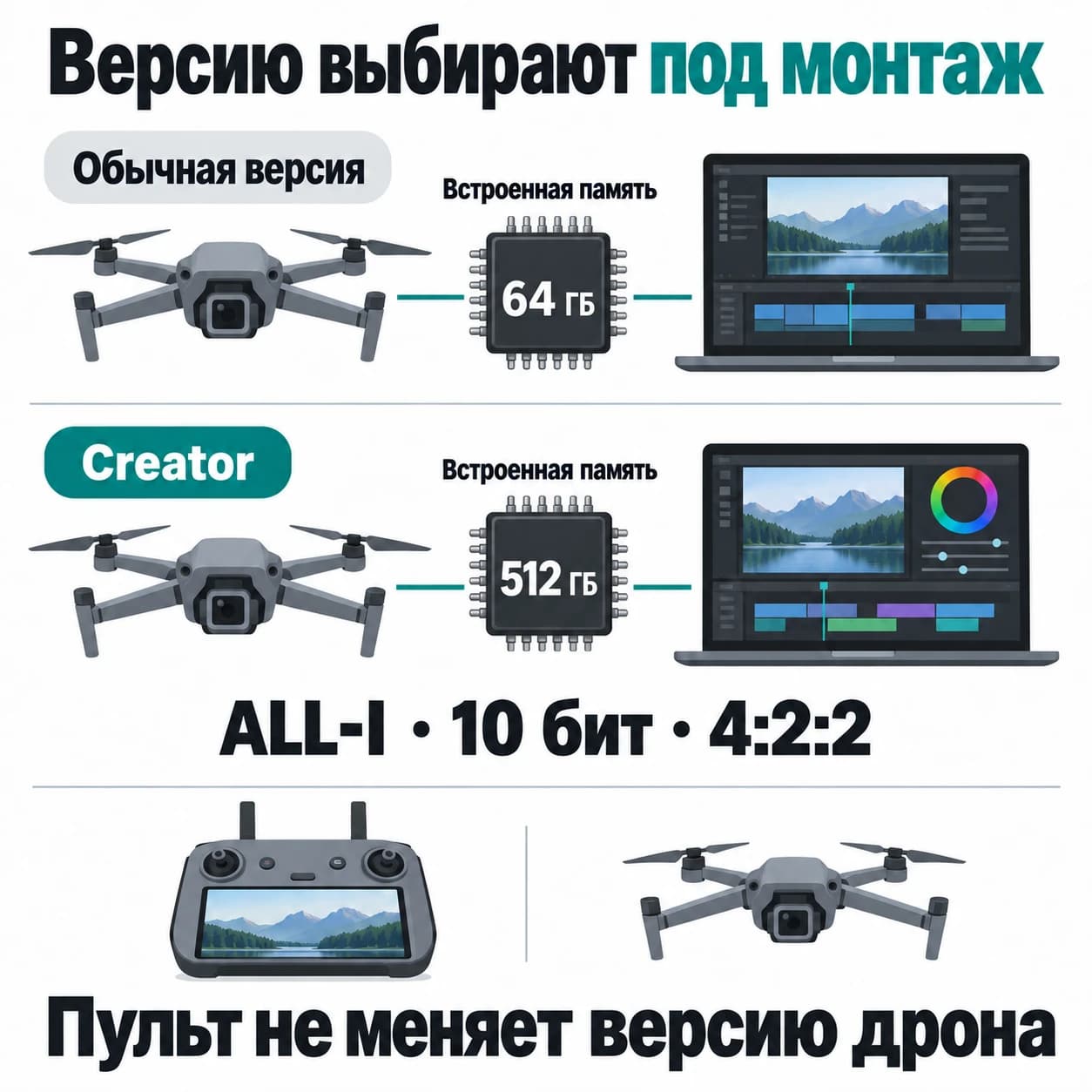 Версии Mavic 4 Pro с 64 и 512 ГБ встроенной памяти; Creator поддерживает ALL-I и 10-битный 4:2:2