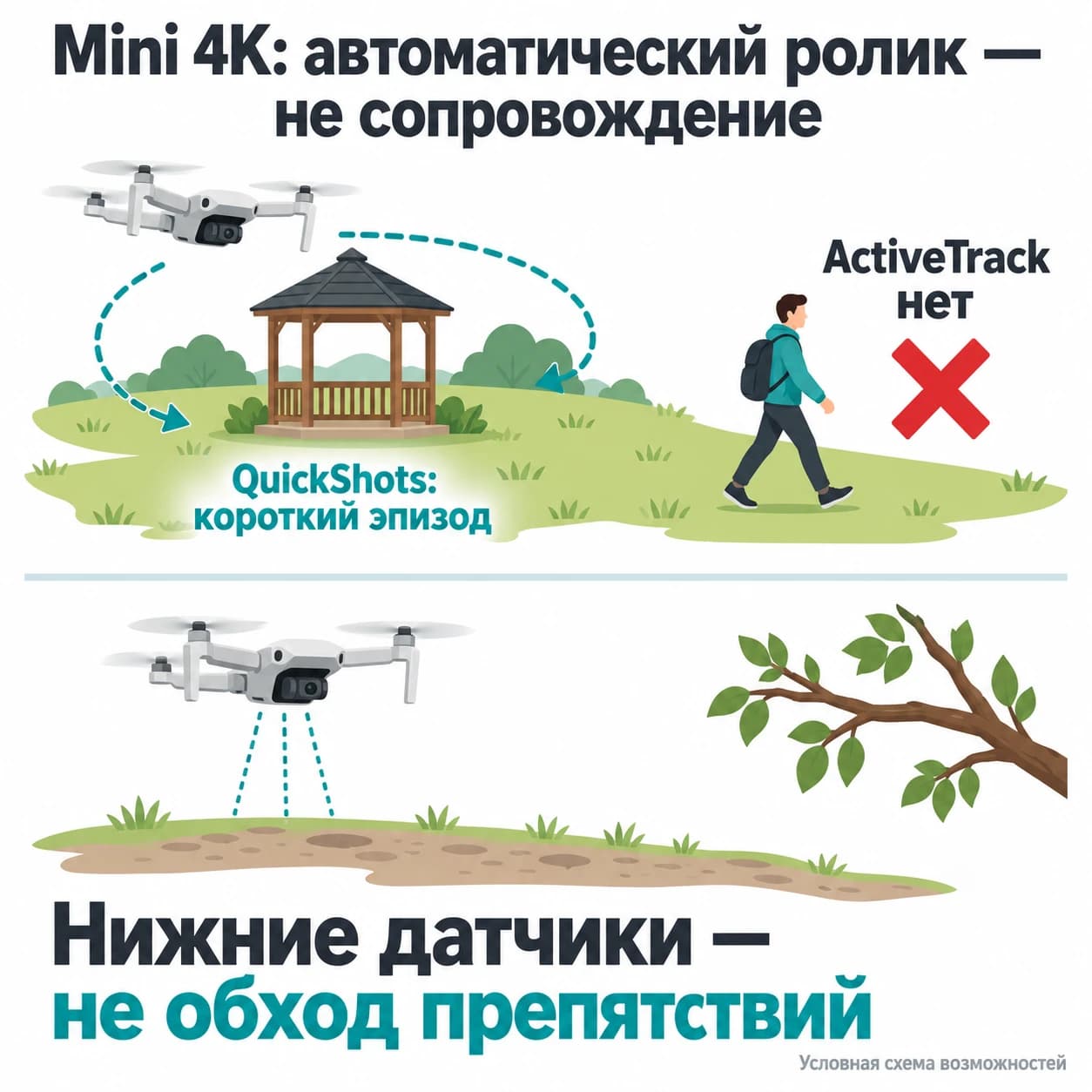 Mini 4K: QuickShots снимает короткий эпизод, ActiveTrack отсутствует, нижние датчики не обеспечивают обход