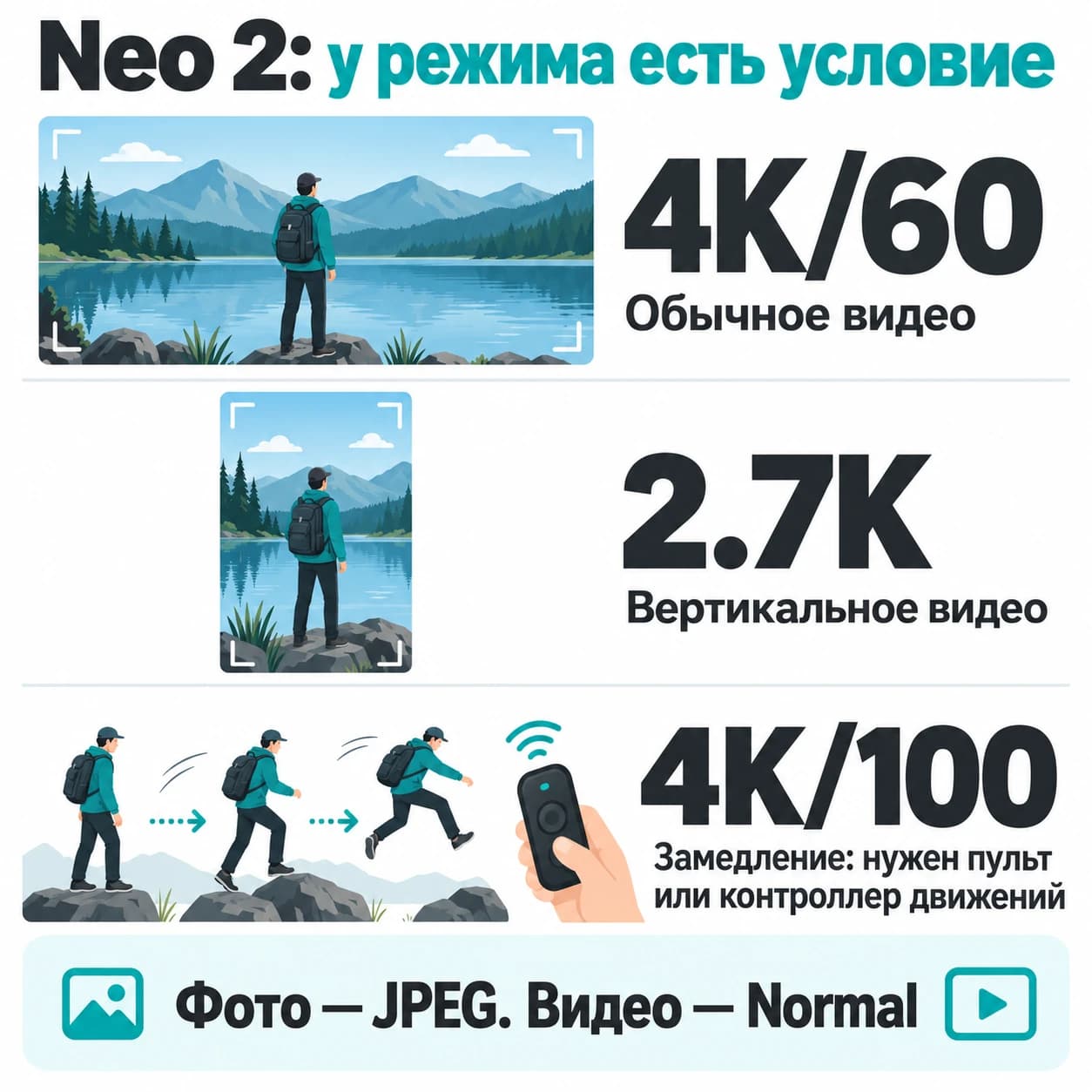 Neo 2: обычное 4K/60, вертикальное 2.7K и замедленное 4K/100 с пультом или контроллером движений
