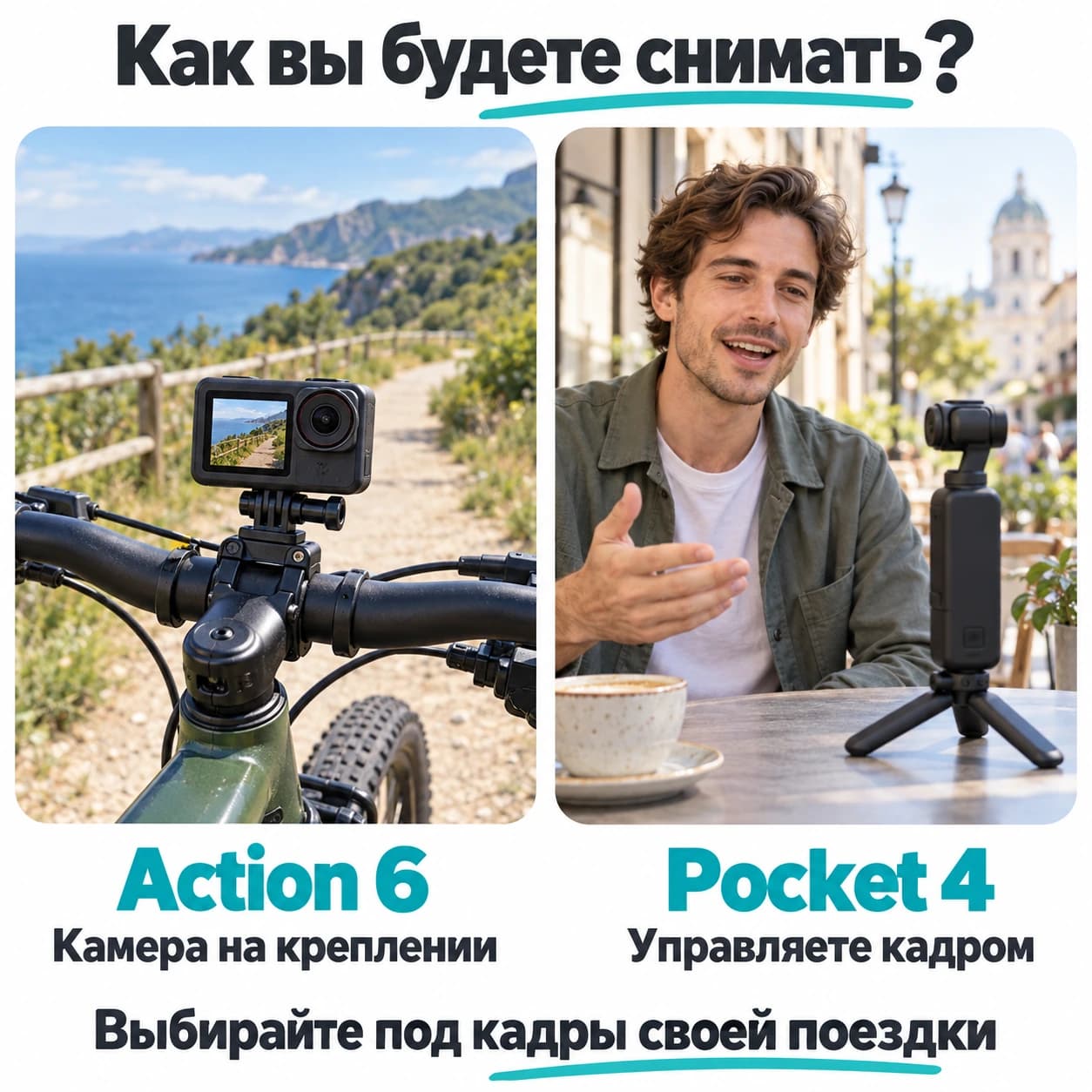 Условная экшн-камера на руле велосипеда и камера с подвесом на штативе перед рассказчиком.