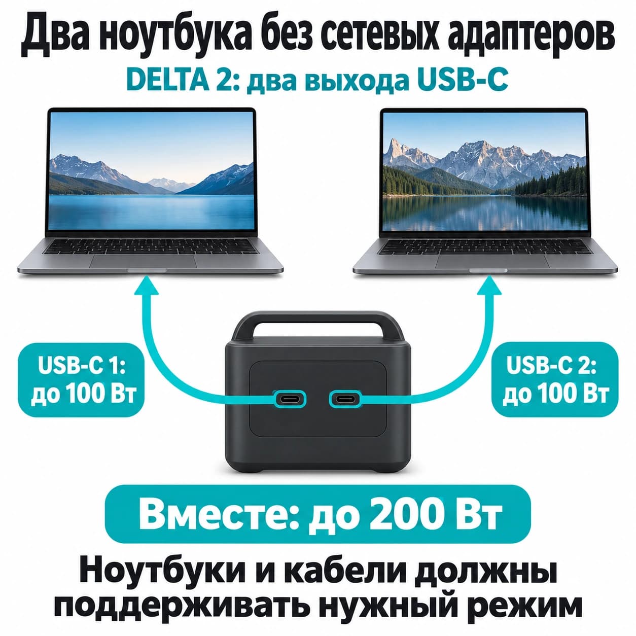 Два USB-C DELTA 2 отдают до 100 Вт каждый при суммарном пределе 200 Вт и совместимости ноутбуков и кабелей.