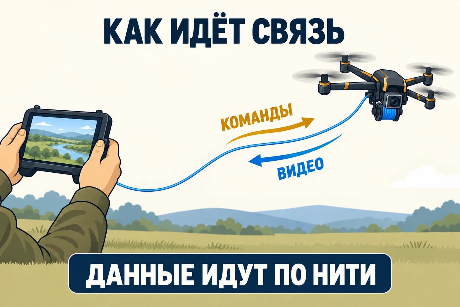 Схема: команды идут от наземной части к дрону, видео — обратно по оптической нити