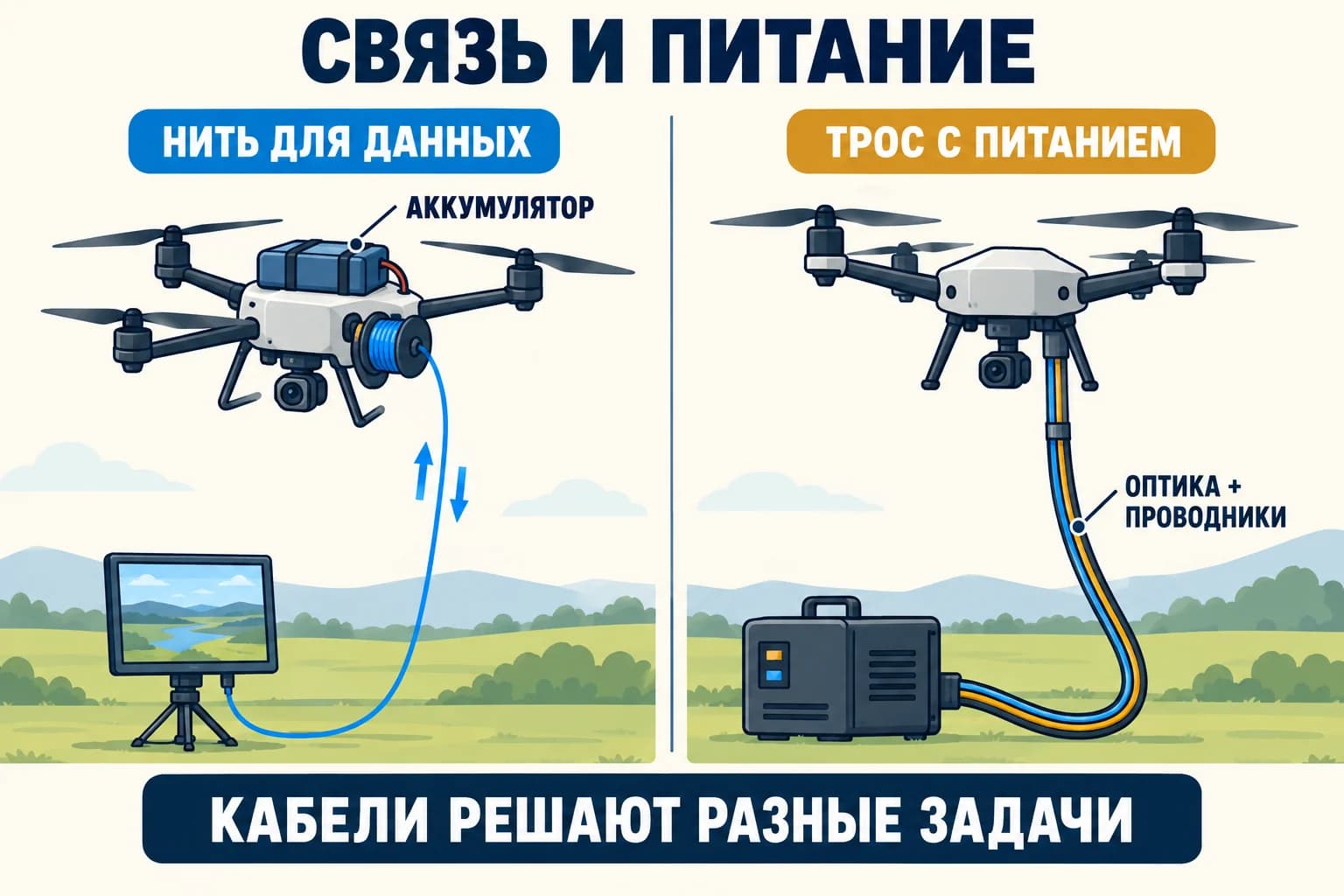 Сравнение: тонкая нить передаёт данные при питании дрона от аккумулятора; в другом тросе отдельные проводники подают питание