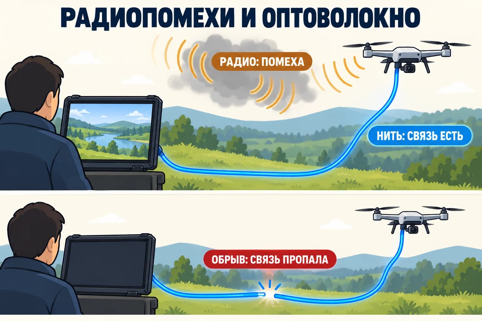 Сравнение: радиопомеха мешает радиоканалу, оптическая линия сохраняет передачу данных, но при обрыве связь по ней исчезает