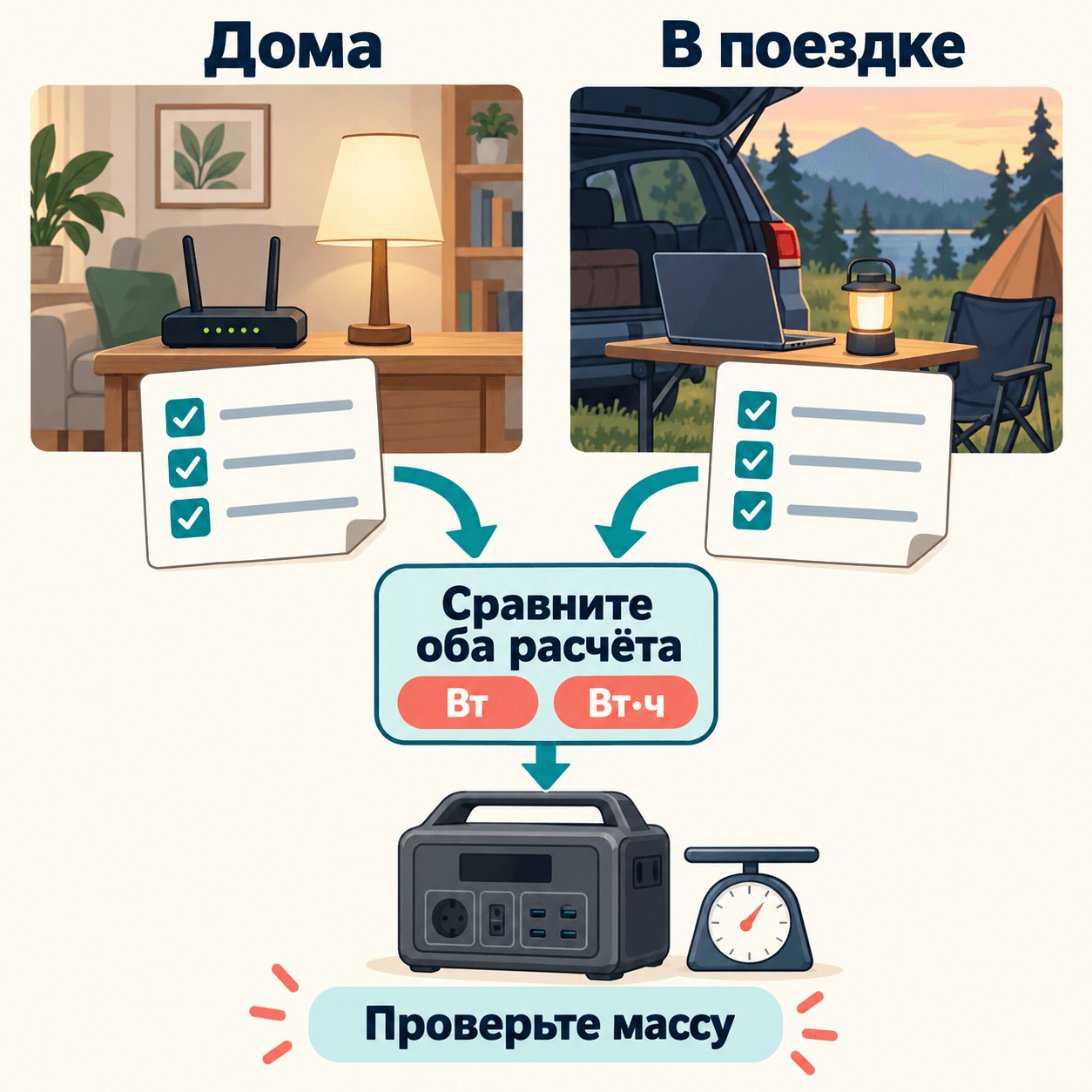 Домашний и дорожный наборы приборов сравнивают по мощности, энергии и массе станции