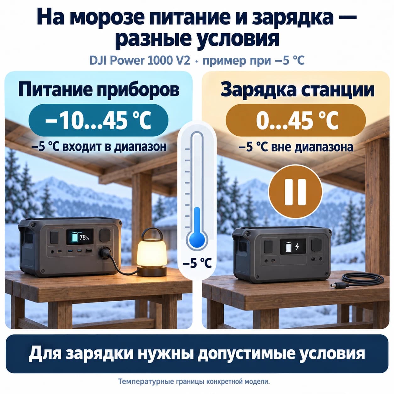 При −5 °C температура входит в диапазон питания приборов DJI Power 1000 V2, но находится вне диапазона зарядки