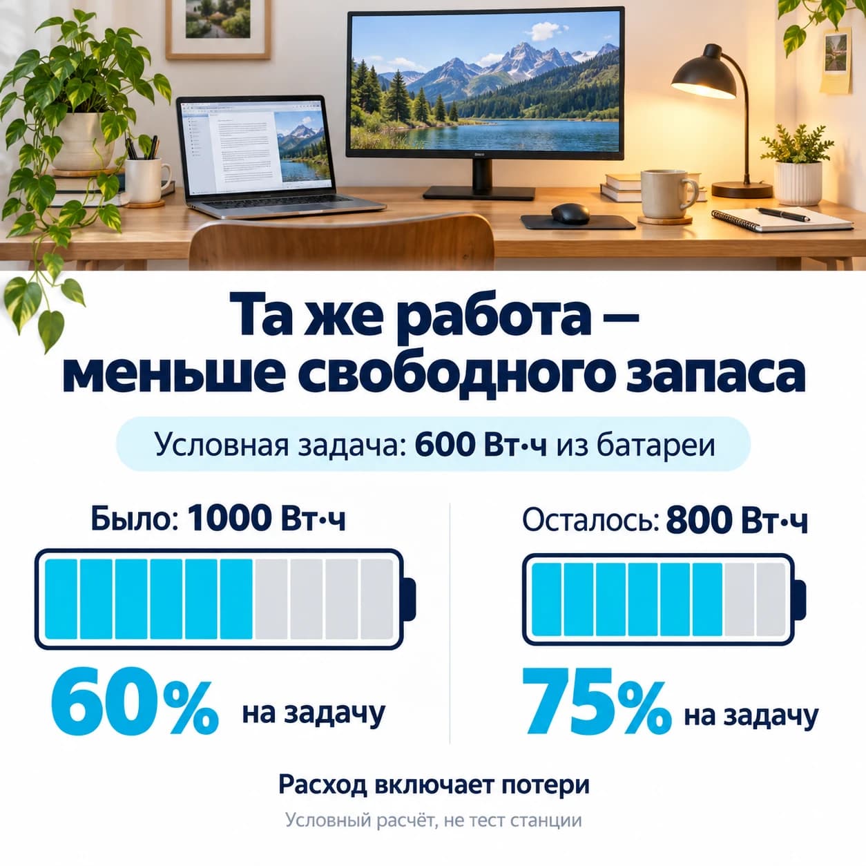 Условная задача на 600 Вт·ч занимает 60% батареи на 1000 Вт·ч и 75% батареи на 800 Вт·ч