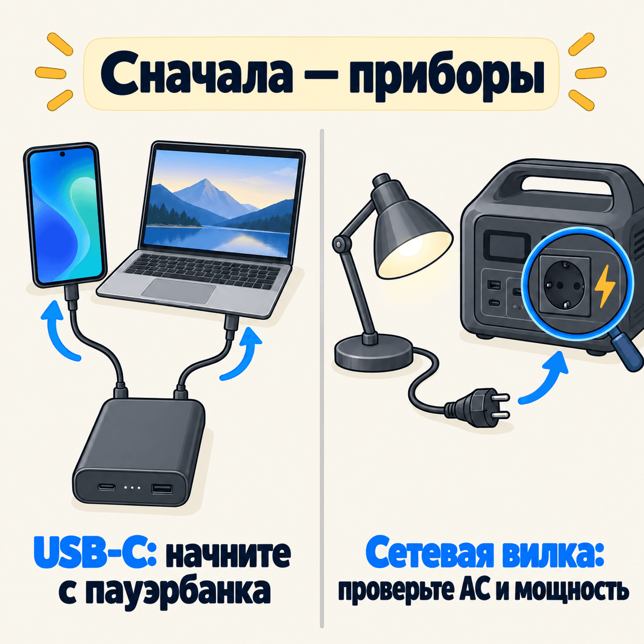 Для телефона и ноутбука с зарядкой через USB-C сначала сравнивают пауэрбанки; для прибора с сетевой вилкой проверяют AC-выход и мощность