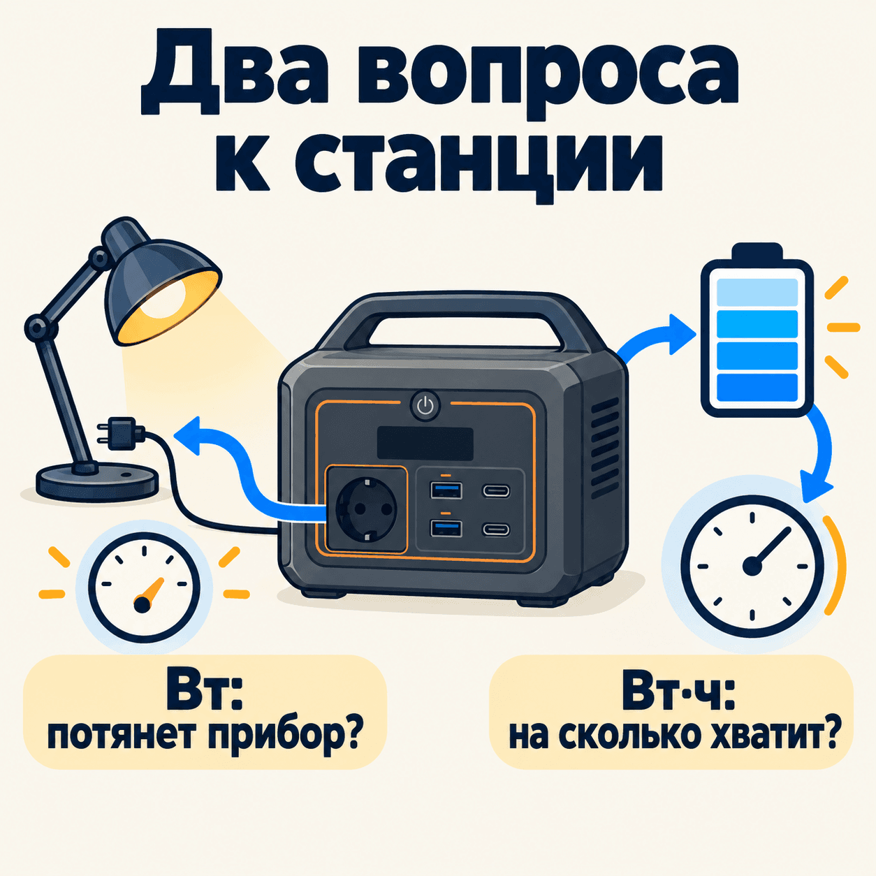 Схема показывает две проверки: ватты ограничивают нагрузку прибора, ватт-часы показывают запас энергии, но не дают точное время работы без данных о приборе