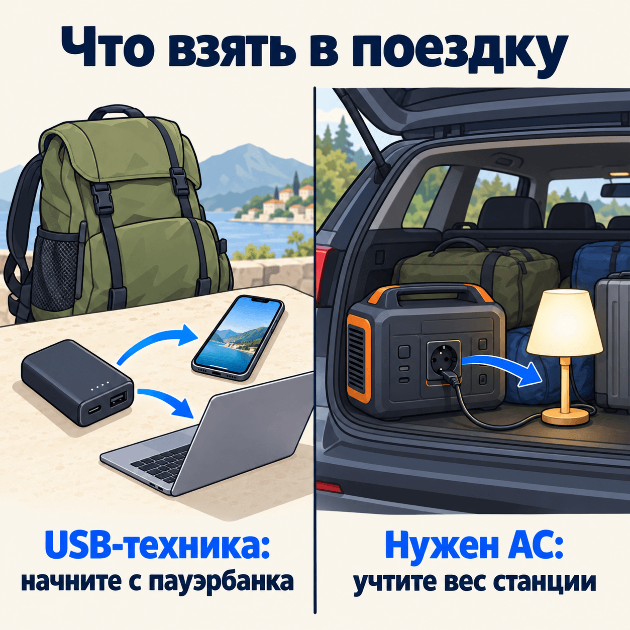 В поездке телефон и совместимый USB-C ноутбук удобно сопоставить с пауэрбанком; для прибора с сетевой вилкой сравнивают AC-источник и массу станции