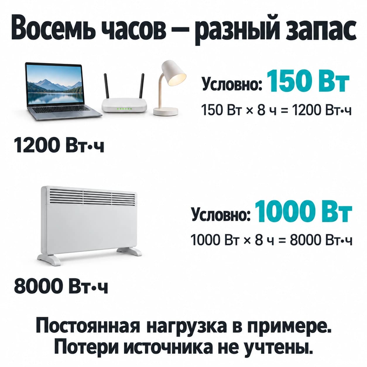 За восемь часов условная нагрузка 150 Вт требует 1200 Вт·ч, а нагрузка 1000 Вт — 8000 Вт·ч до потерь.