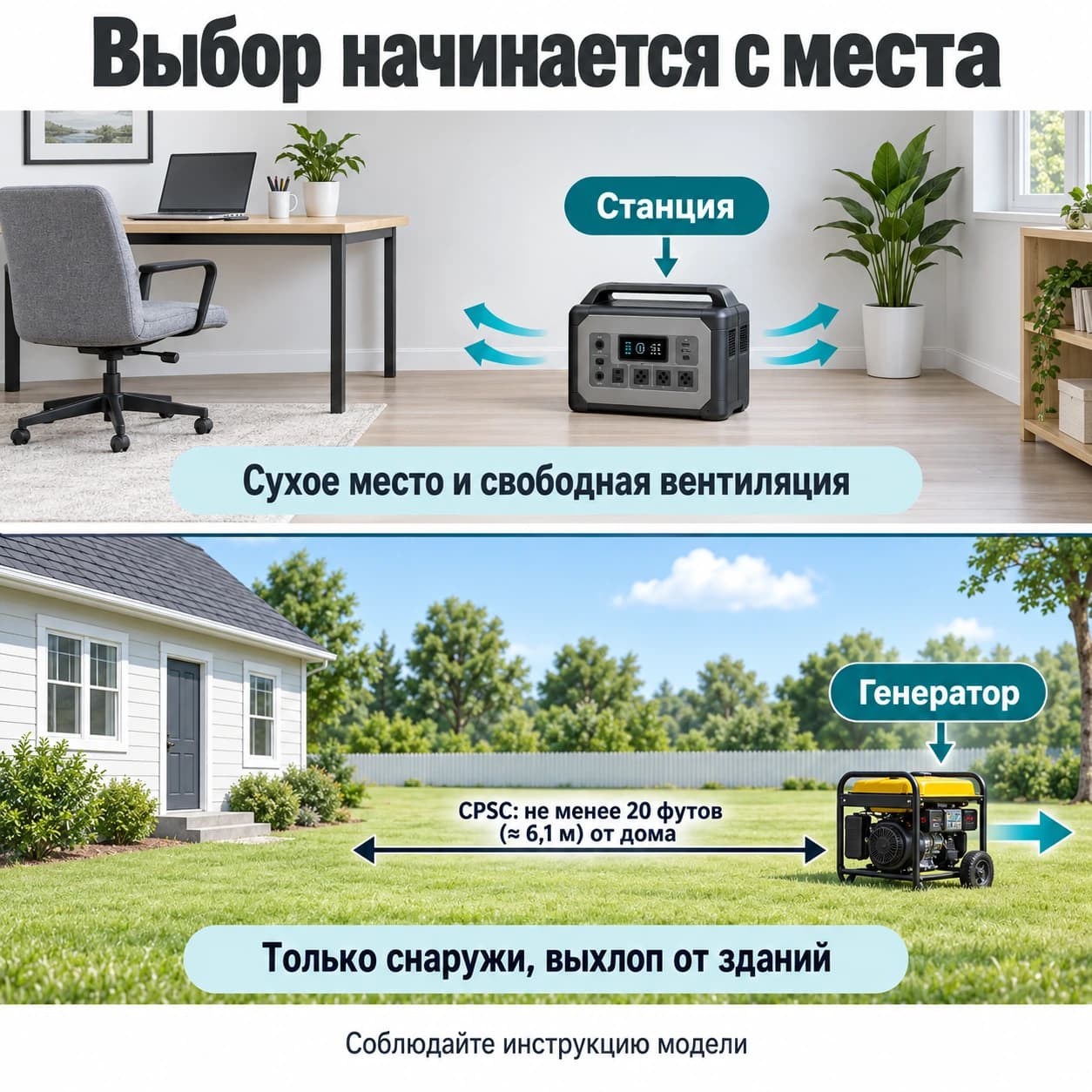 Станция в сухой комнате со свободной вентиляцией; генератор снаружи вдали от дома, выхлоп направлен от здания.