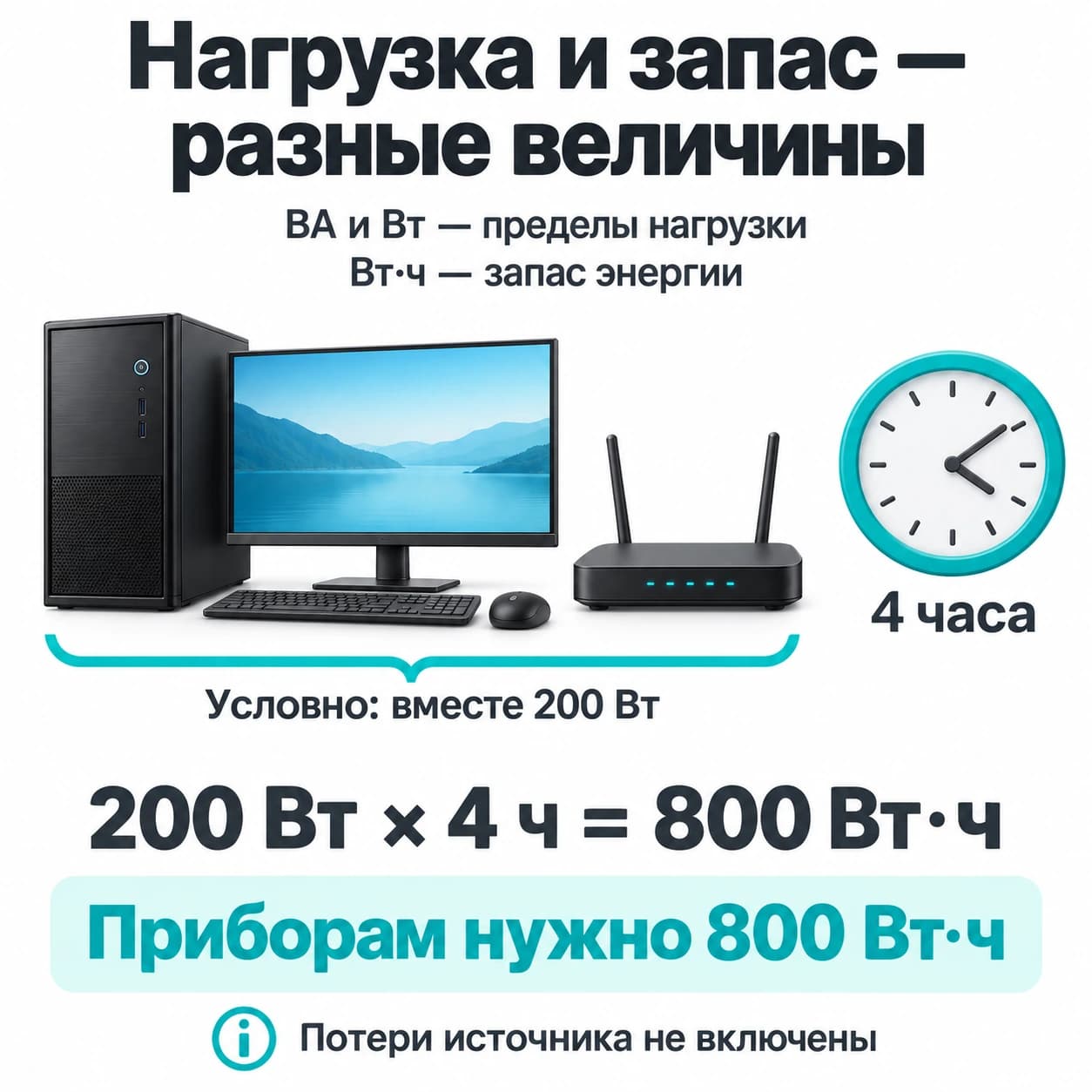 Условное рабочее место мощностью 200 Вт требует 800 Вт·ч за четыре часа; ВА и Вт описывают нагрузку, Вт·ч — запас энергии.