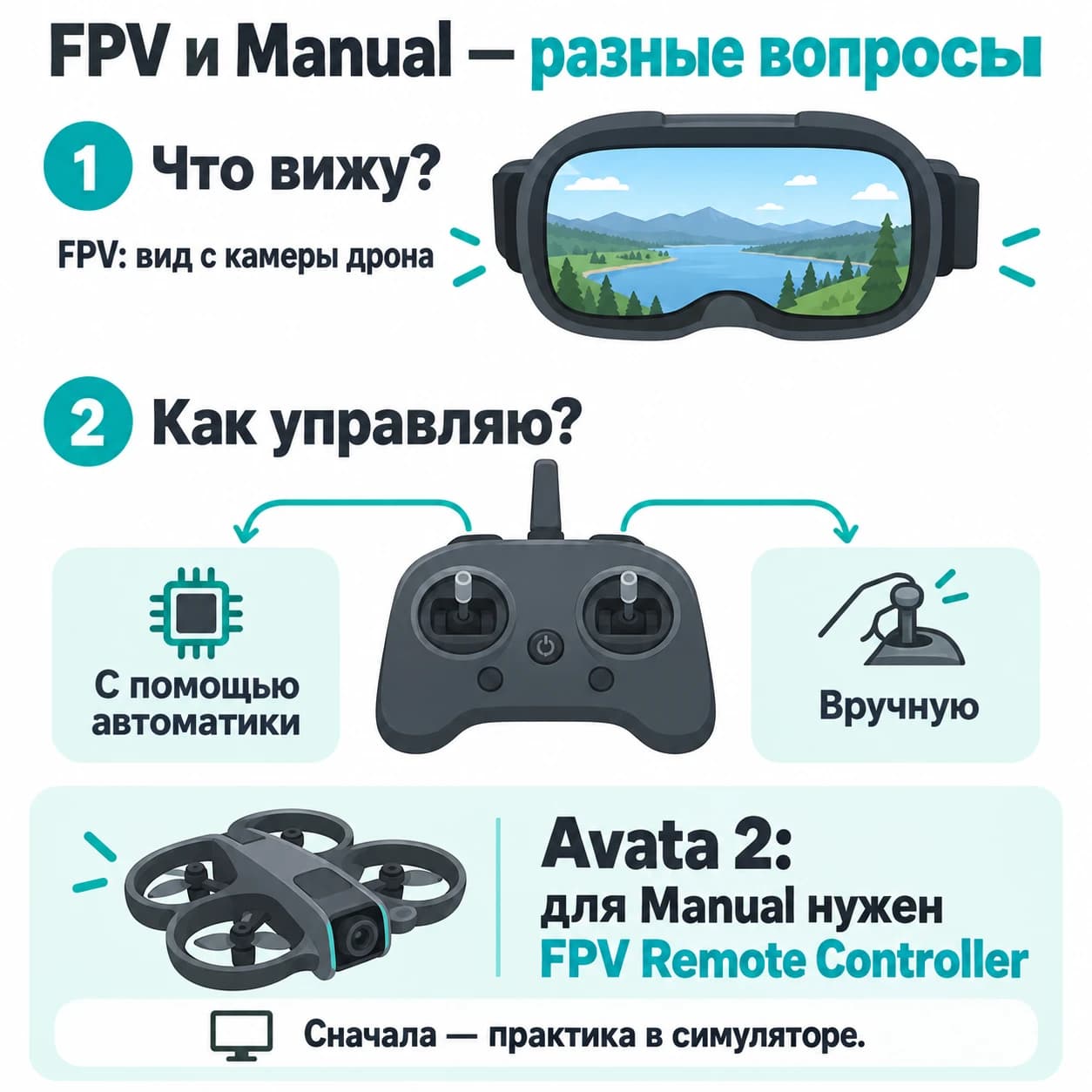 FPV означает вид с камеры, Manual — способ управления; для Avata 2 нужен совместимый FPV Remote Controller