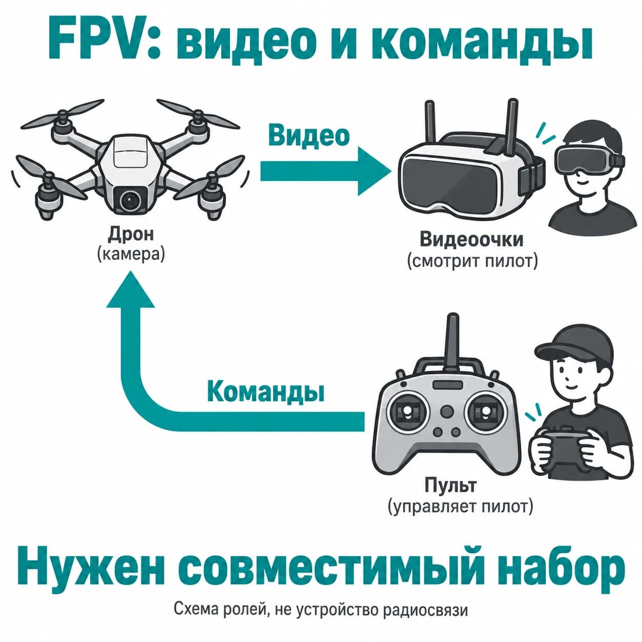 В FPV видео поступает от камеры дрона в очки, команды идут от управления к дрону