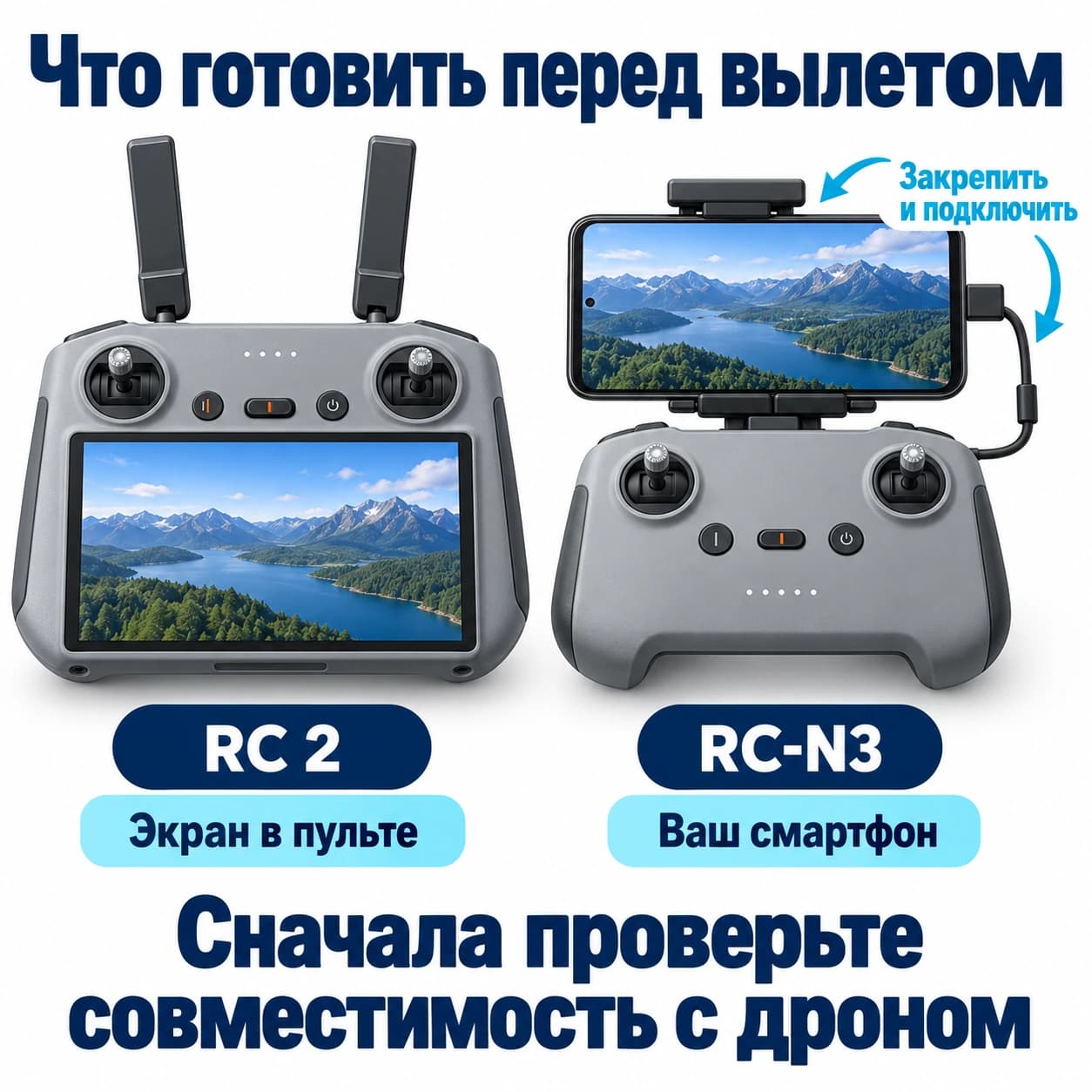RC 2 со встроенным экраном и двумя внешними антеннами; RC-N3 со смартфоном в верхнем держателе и соединительным кабелем.