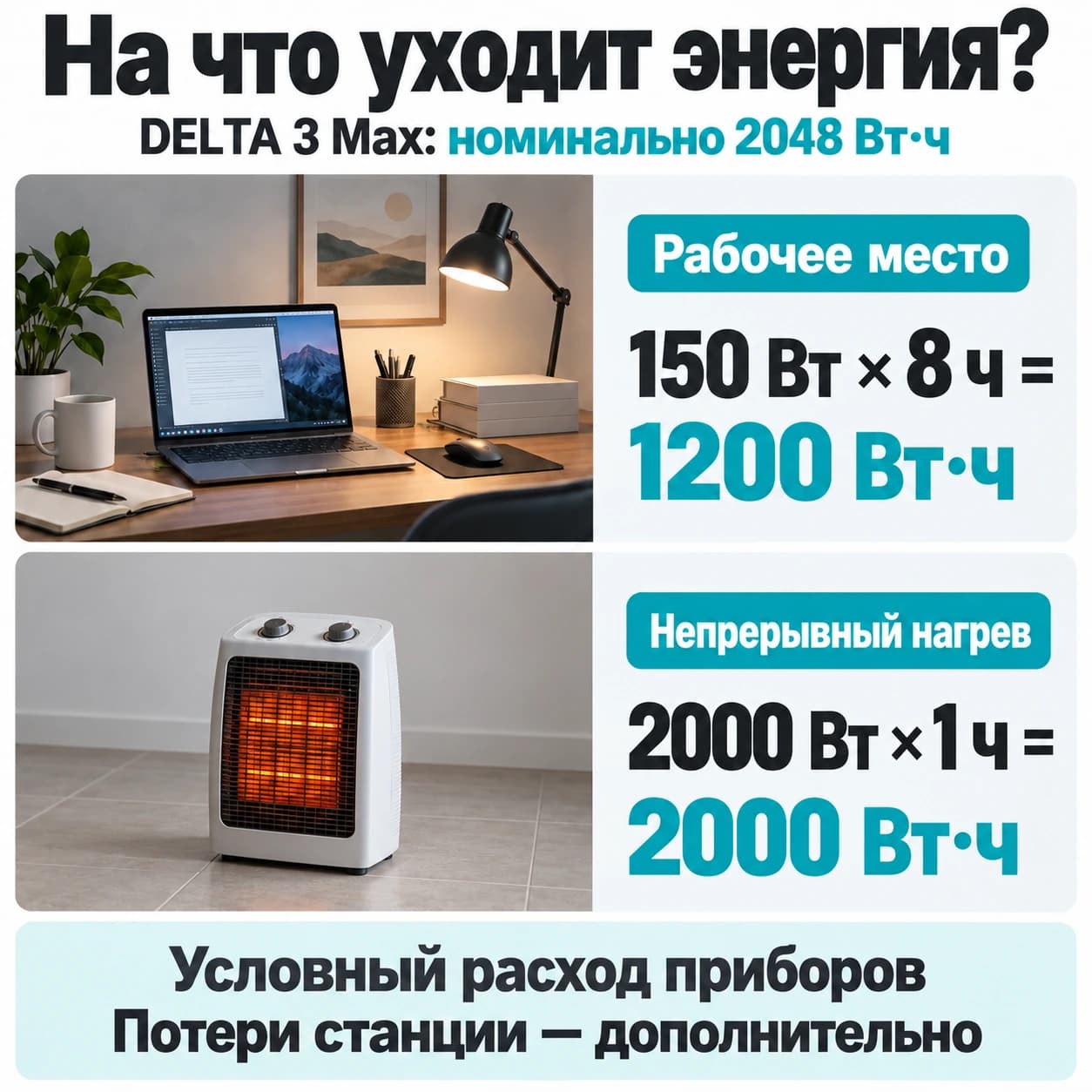 Условное рабочее место расходует 1200 Вт·ч за восемь часов, нагреватель — 2000 Вт·ч за час; потери станции учитываются отдельно.