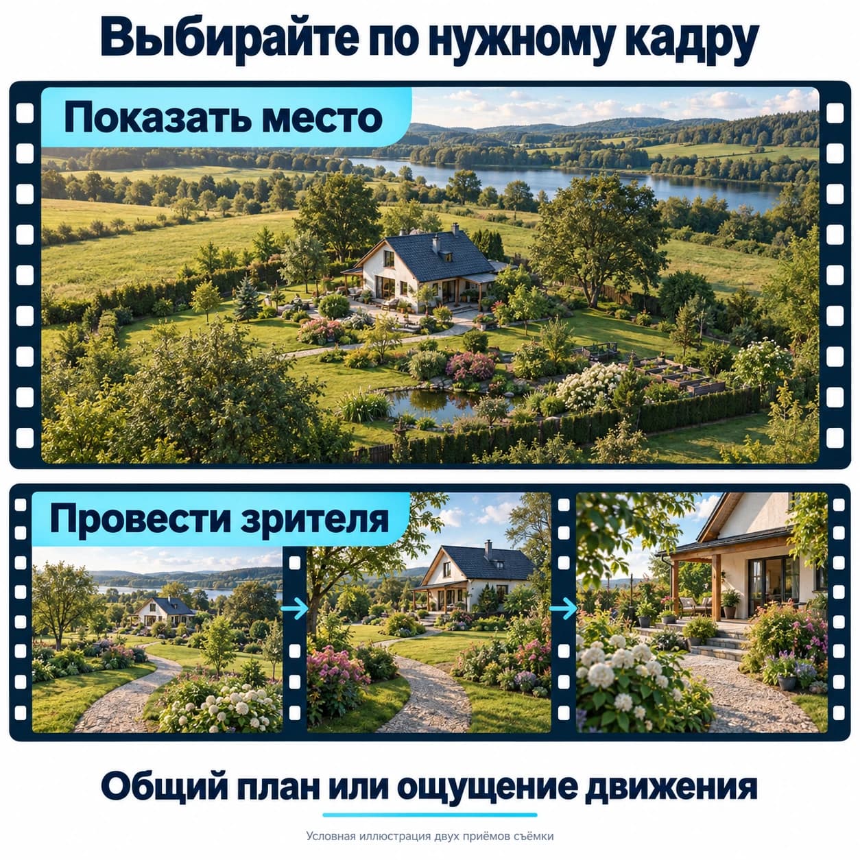 Общий план дома и последовательное приближение к нему показывают разные задачи камерного и FPV-дрона