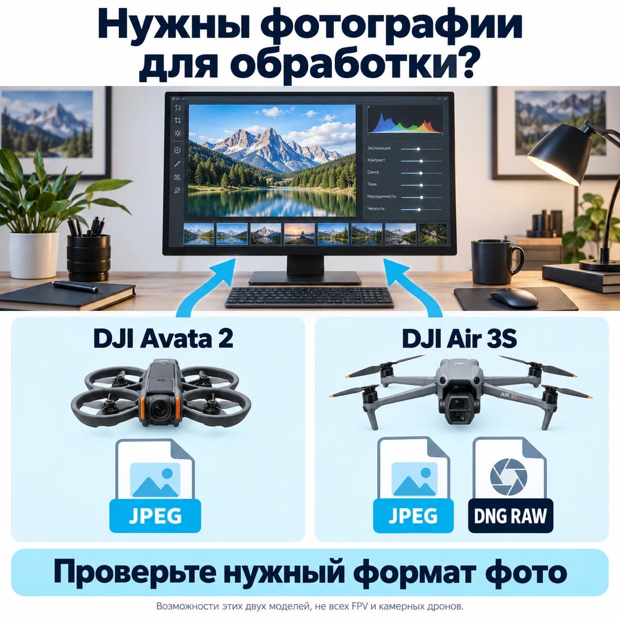 Avata 2 сохраняет фотографии JPEG, Air 3S — JPEG и DNG RAW; оба формата можно обрабатывать