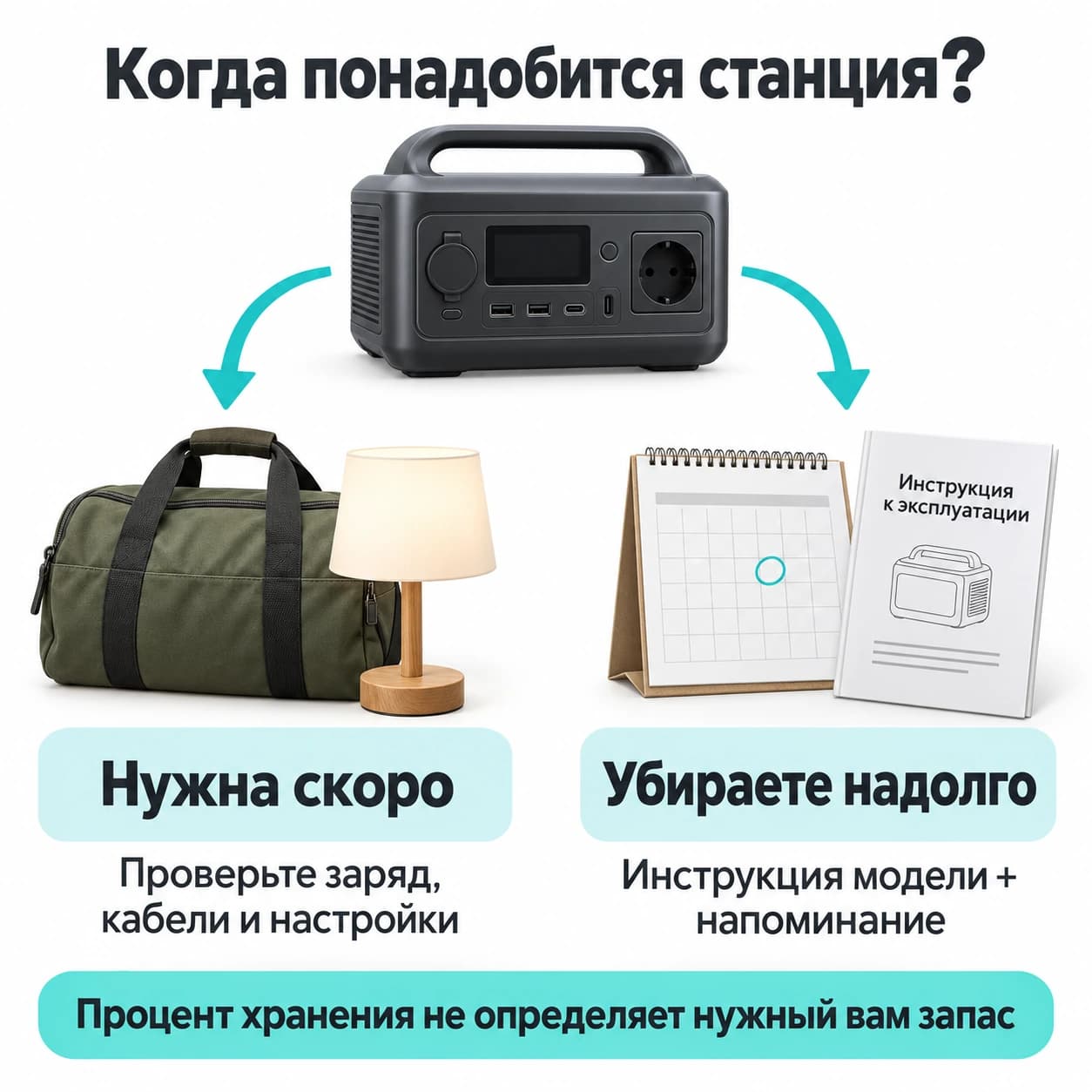 Два сценария: перед поездкой или отключением проверить заряд, кабели и настройки; перед долгим хранением свериться с инструкцией модели и поставить напоминание.