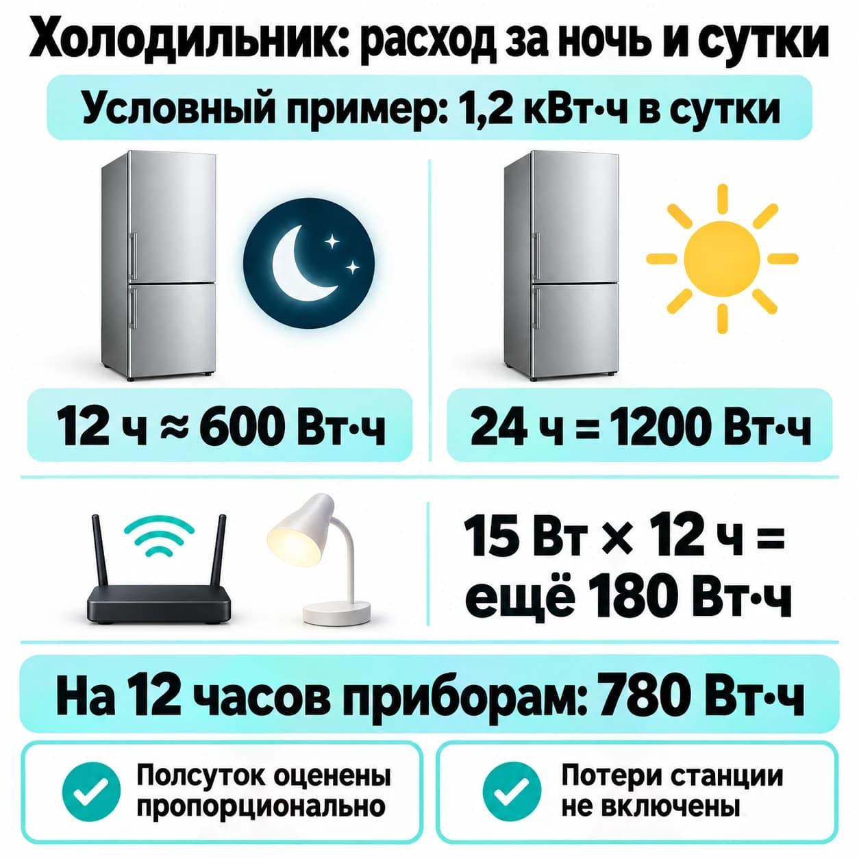 Условные 1,2 кВт·ч в сутки: около 600 Вт·ч за 12 часов, ещё 180 Вт·ч для роутера и лампы