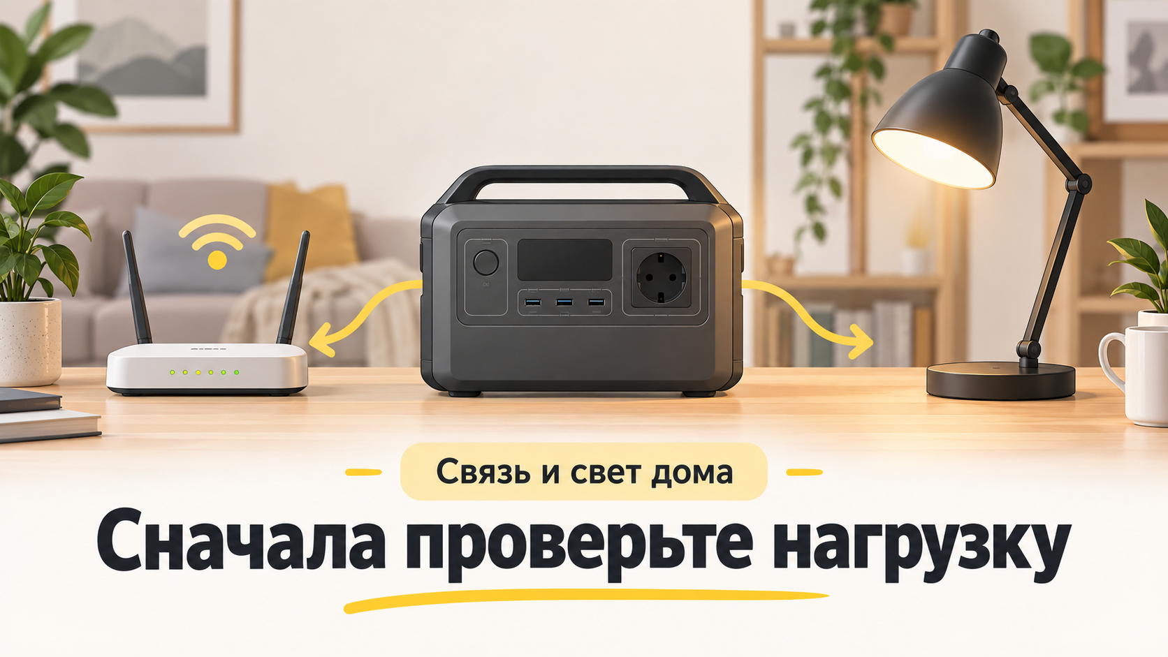 Условная портативная станция питает роутер и лампу; рядом подсказка проверить общую нагрузку