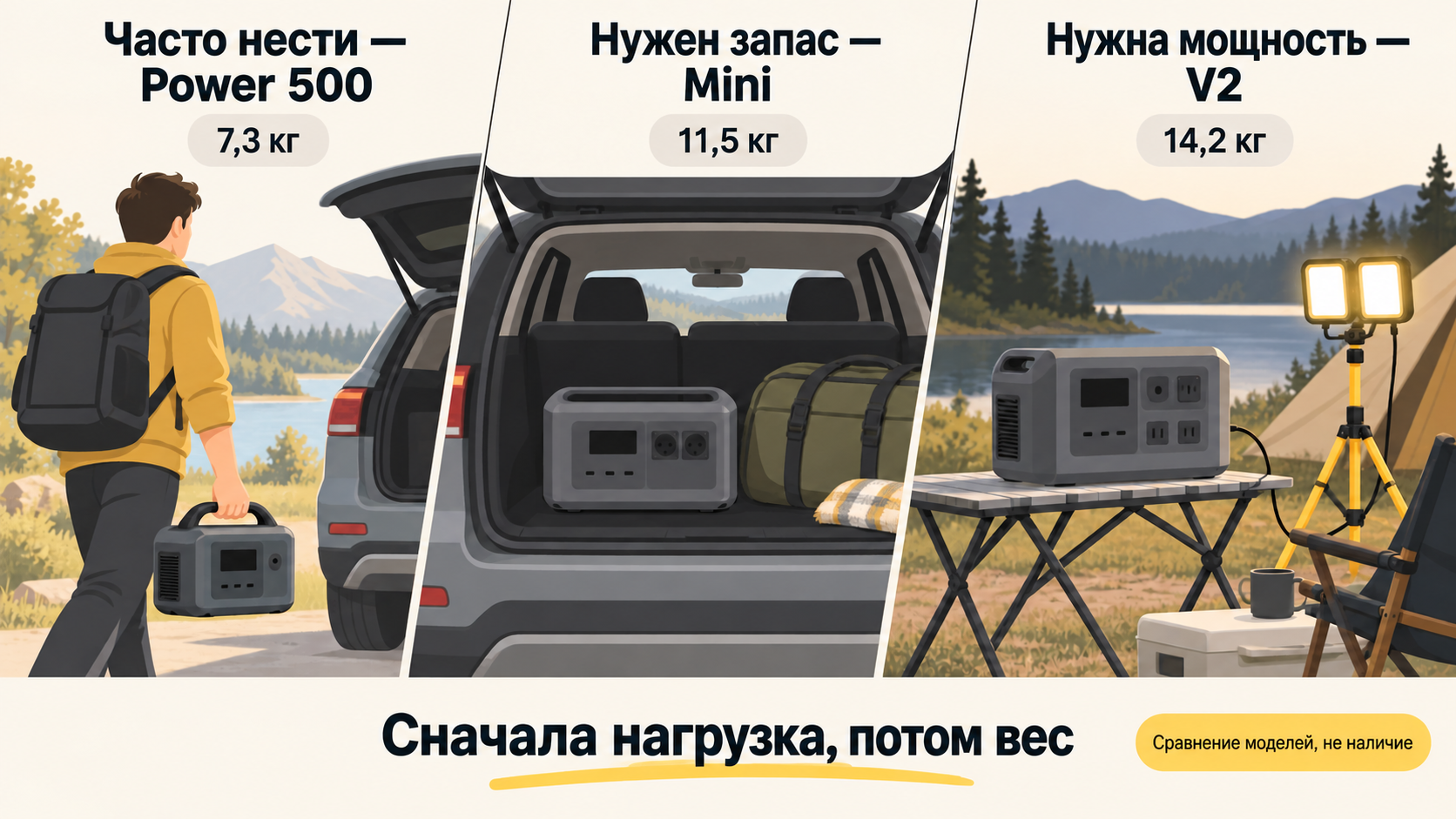 Сравнение массы DJI Power 500, 1000 Mini и 1000 V2: около 7,3, 11,5 и 14,2 кг соответственно