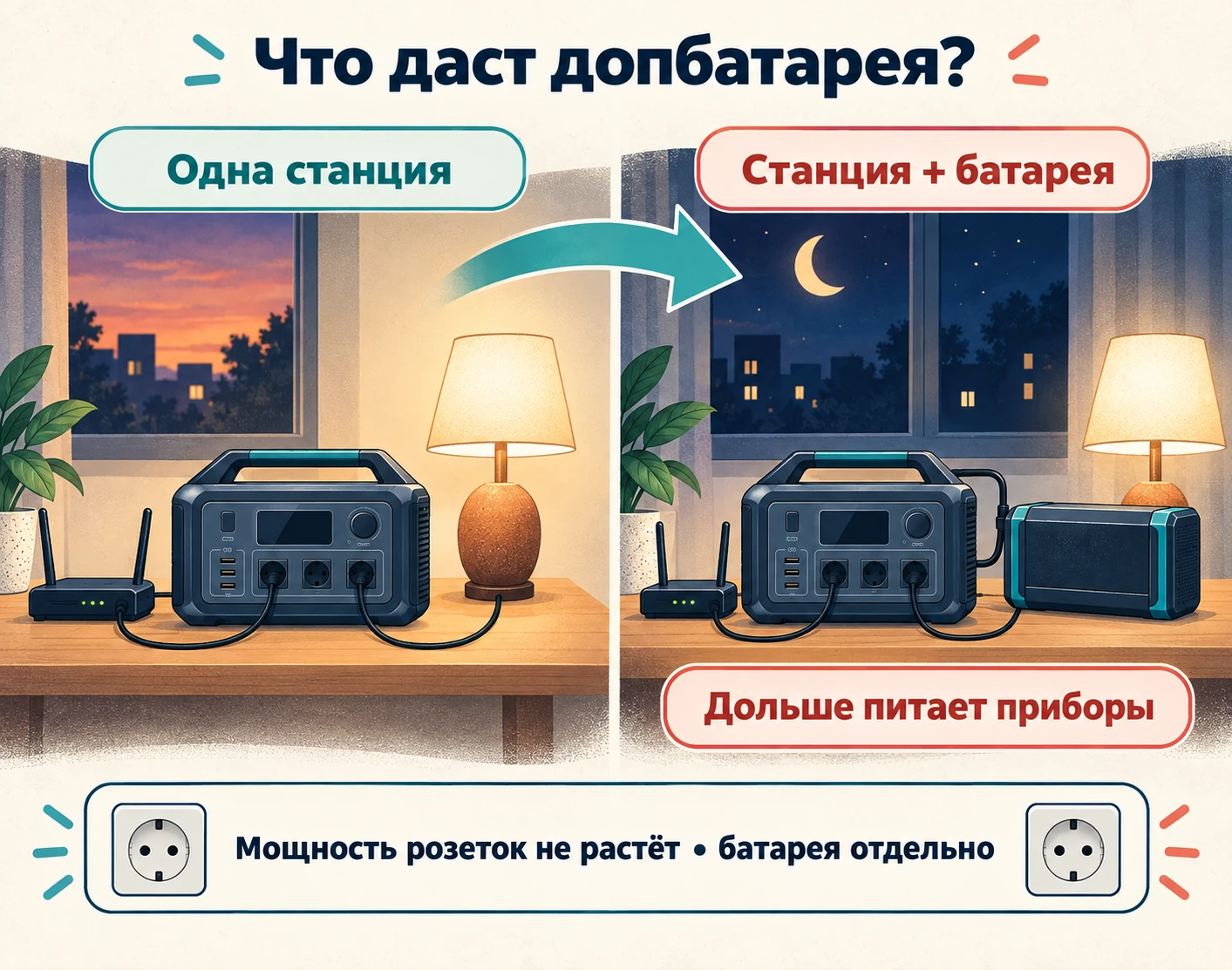 Одна станция имеет 1024 Вт·ч; с подходящей дополнительной батареей запас системы может вырасти до 5120 Вт·ч, а мощность розеток останется прежней.