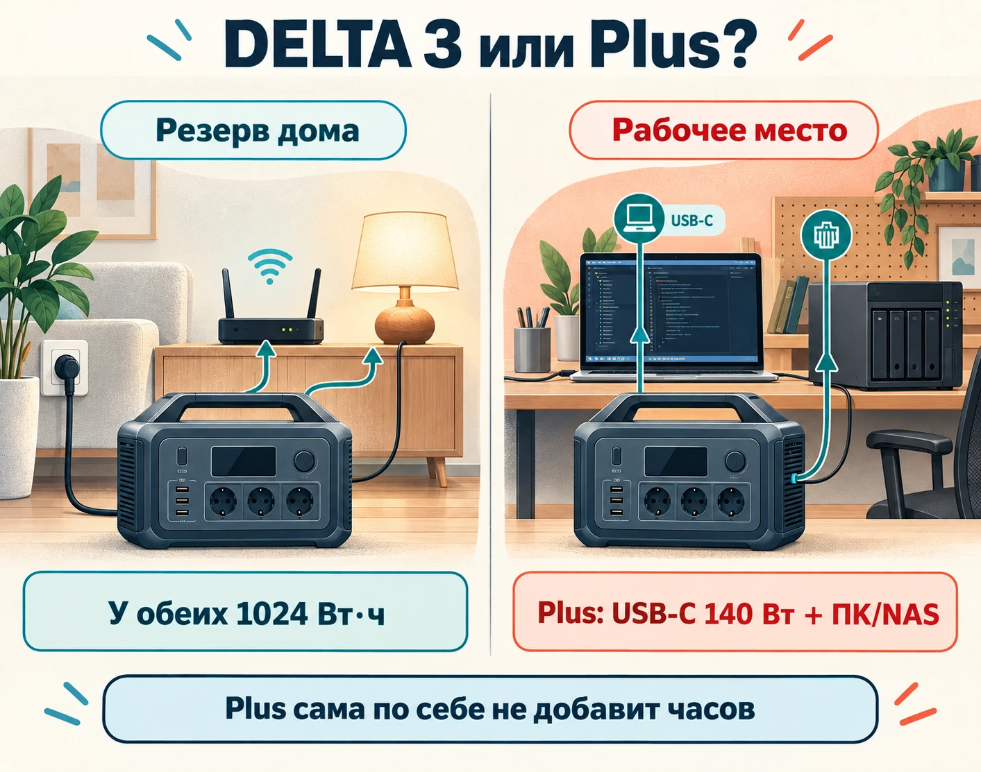 DELTA 3 и Plus имеют одинаковый запас 1024 Вт·ч; Plus отличают два солнечных входа, USB-C до 140 Вт и связь с совместимым ПК или NAS.