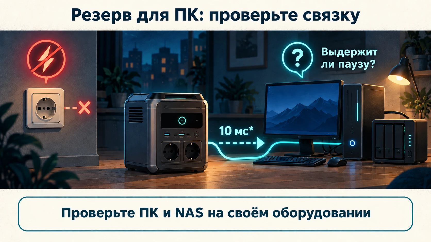 После отключения сети DELTA 3 Plus может переключить питание ПК и NAS на батарею за заявленные EcoFlow 10 мс; совместимость оборудования нужно проверить.