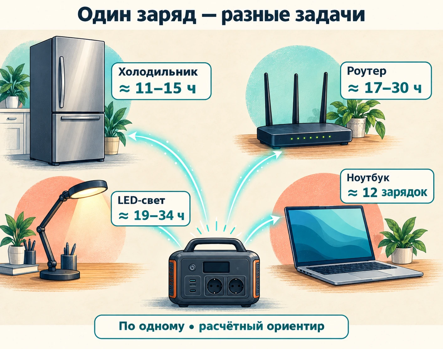Расчётные ориентиры от одного заряда по одному прибору: холодильник 11–15 часов, роутер 17–30 часов, LED-свет 19–34 часа или ноутбук около 12 полных зарядок.