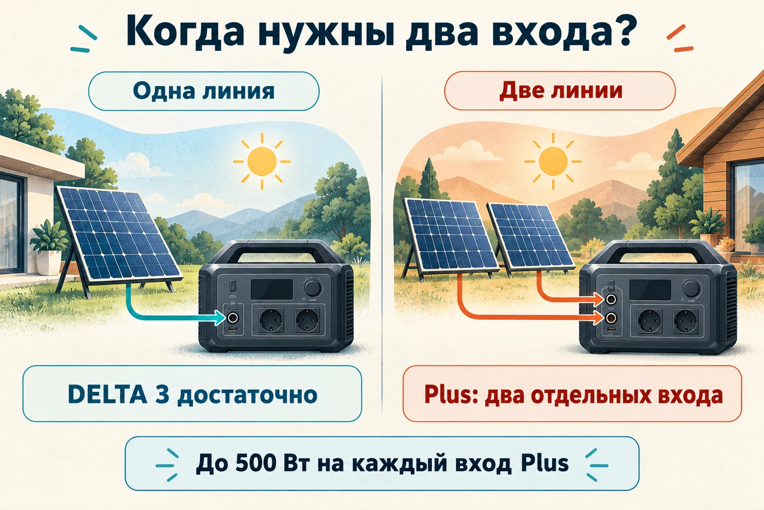 Одна линия панелей идёт к одному солнечному входу DELTA 3; две отдельные линии — к двум входам DELTA 3 Plus.