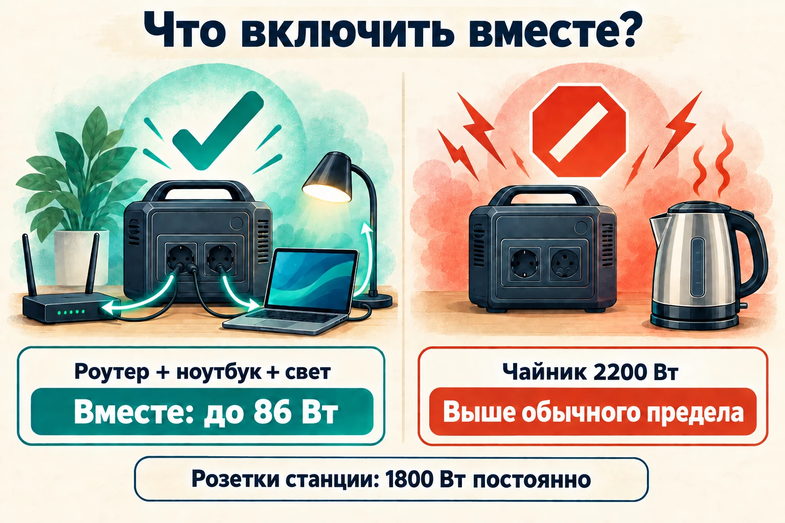 Роутер, ноутбук и свет вместе потребляют до 86 Вт по паспортным пределам; чайник 2200 Вт превышает обычный предел розеток станции 1800 Вт.