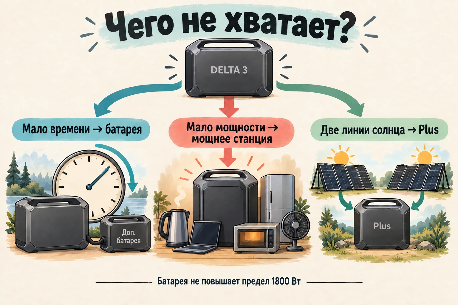 Выбор по нехватке: дополнительная батарея для времени, другая станция для мощности, DELTA 3 Plus для двух солнечных линий