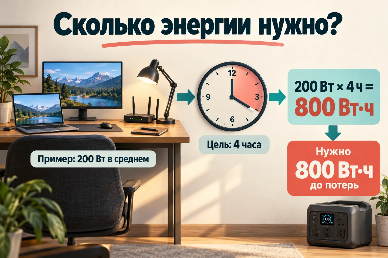 Условное рабочее место со средней нагрузкой 200 Вт: для цели четыре часа нужно 800 Вт·ч до учёта потерь