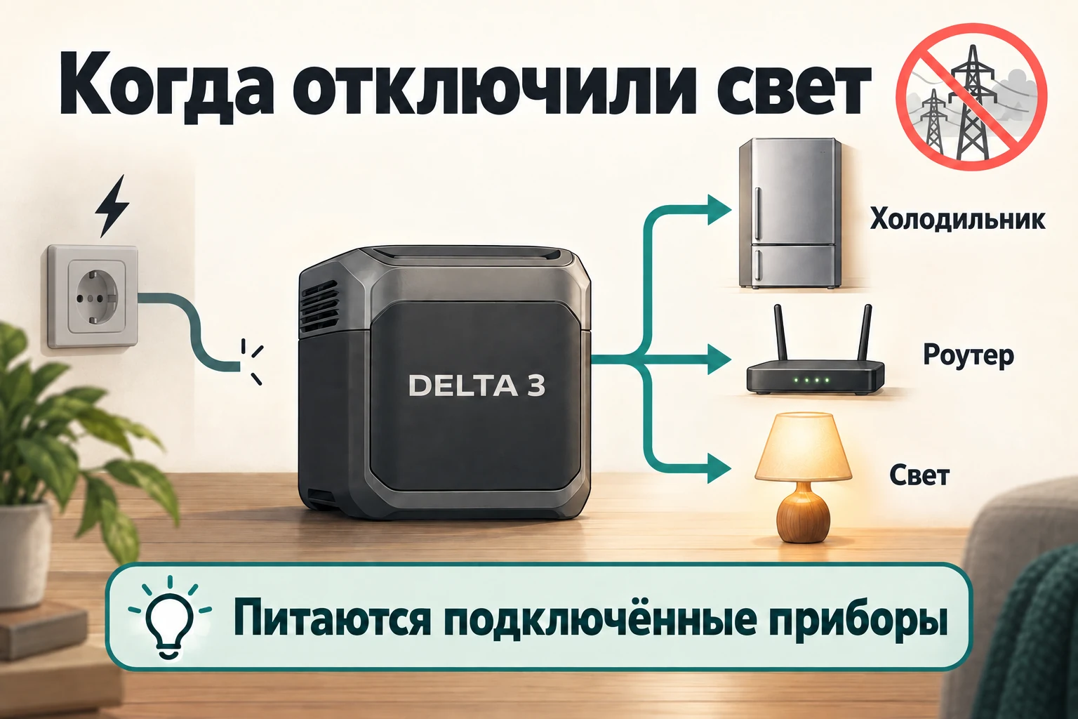 Отключённая настенная розетка; DELTA 3 питает подключённые холодильник, роутер и лампу