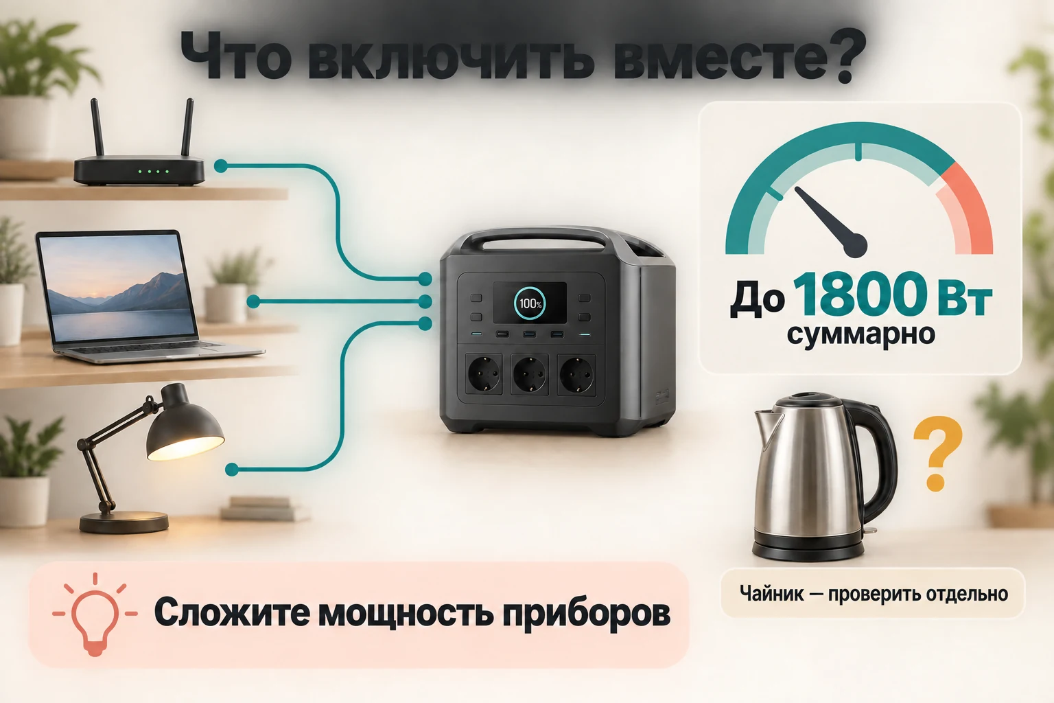 Роутер, ноутбук и лампа соединены со станцией; рядом общий предел 1800 Вт и отдельный чайник с вопросом о совместимости