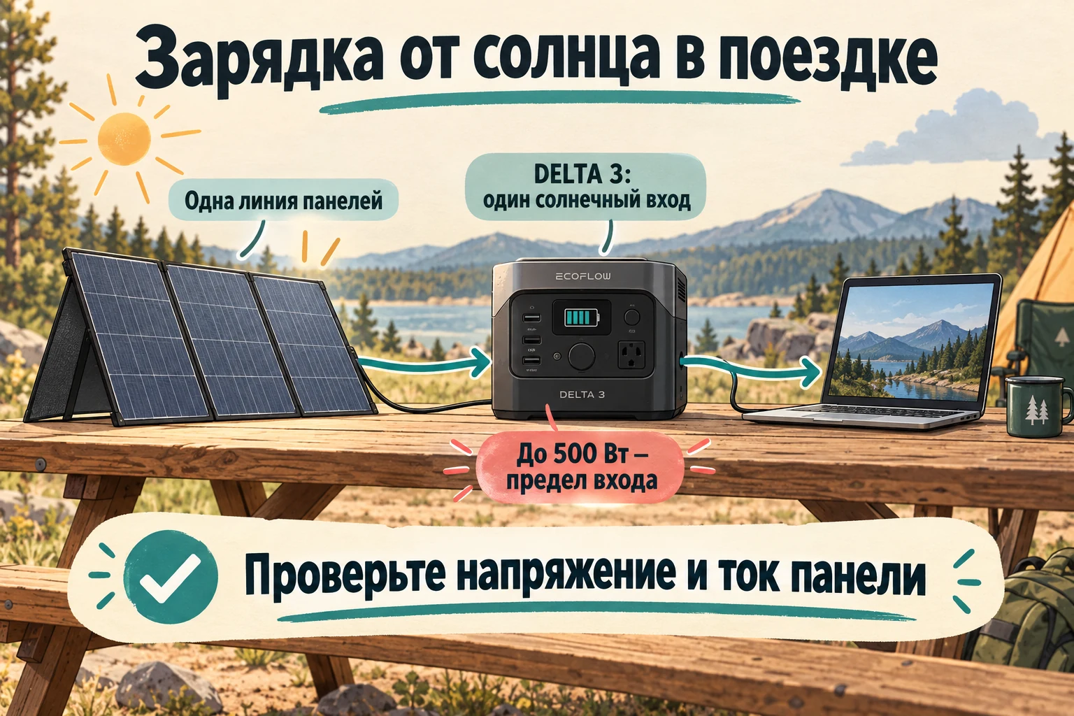 Солнечная панель одной линией соединена с DELTA 3; от станции питается ноутбук, рядом указана проверка напряжения и тока панели