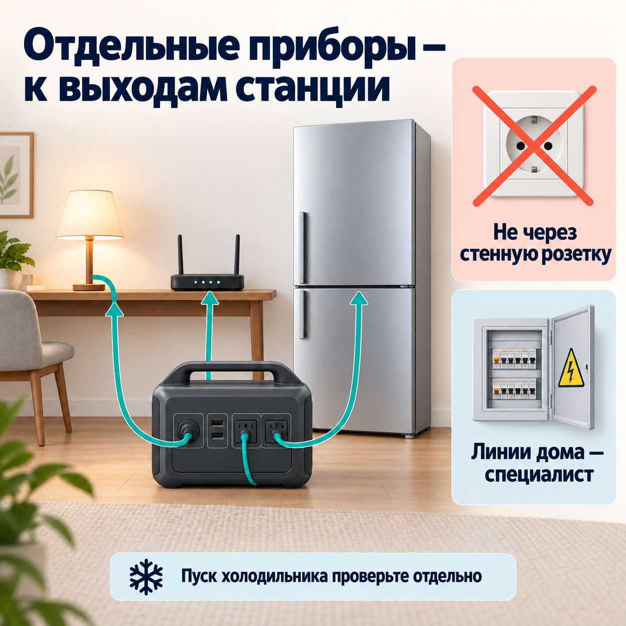 Станция соединена с отдельными домашними приборами; путь через стенную розетку перечёркнут, линии дома отнесены к работе специалиста