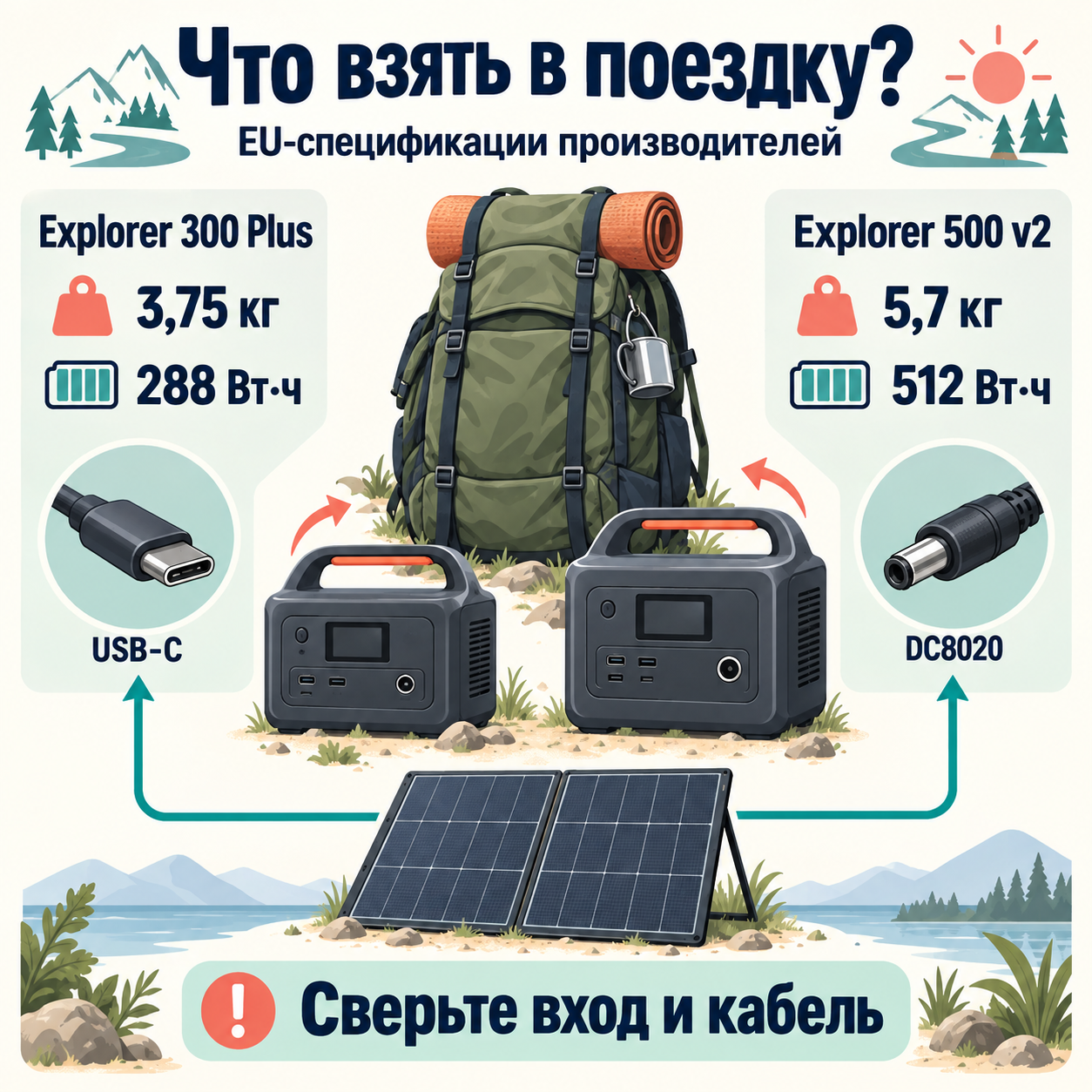 Сравнение EU Explorer 300 Plus и EU Explorer 500 v2: 3,75 и 5,7 кг, 288 и 512 Вт·ч, входы USB-C и DC8020